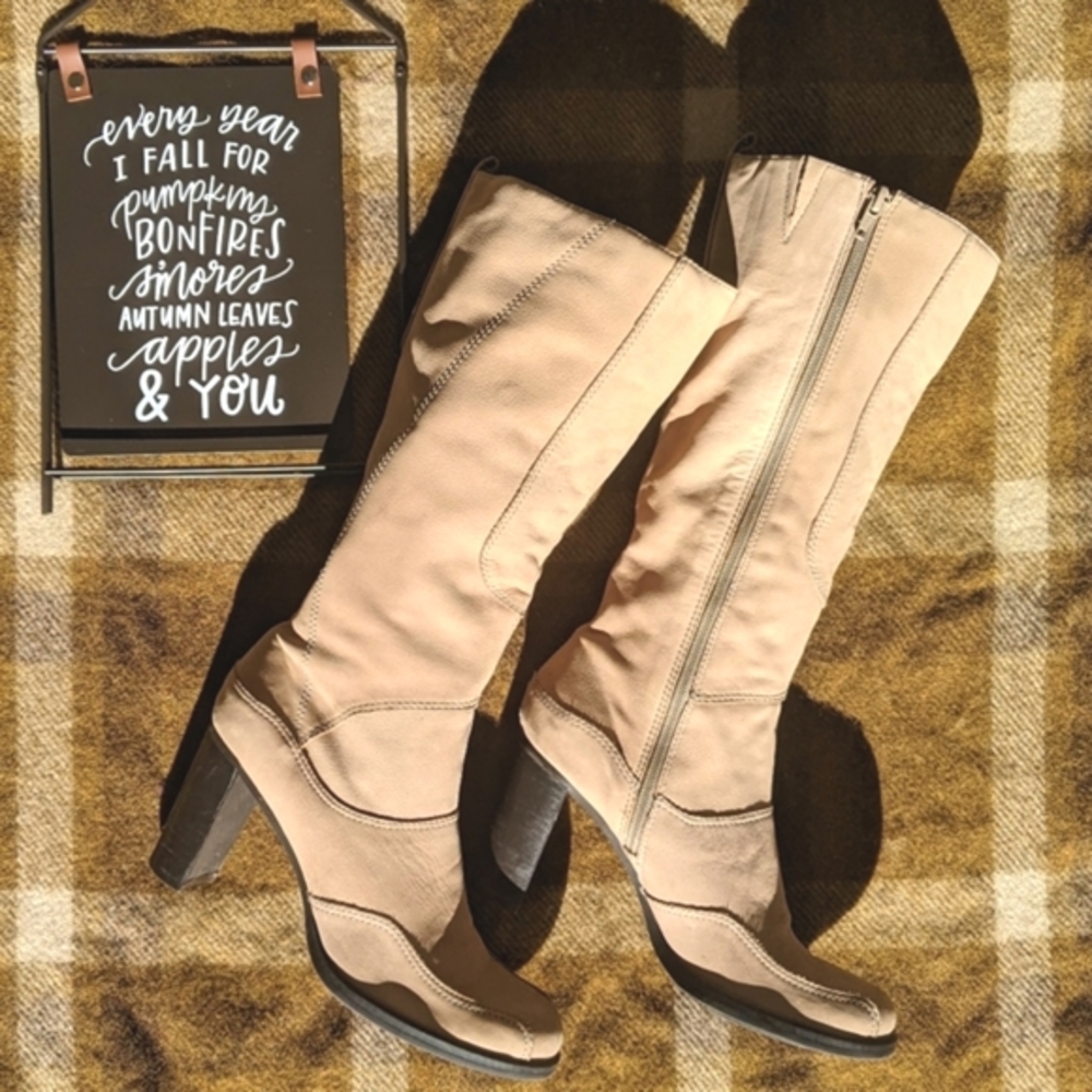Natural Tan Cream Taupe Brushed Leather Suede High Heel Tall Fashion Boots 7.5 - Picture 2 of 15